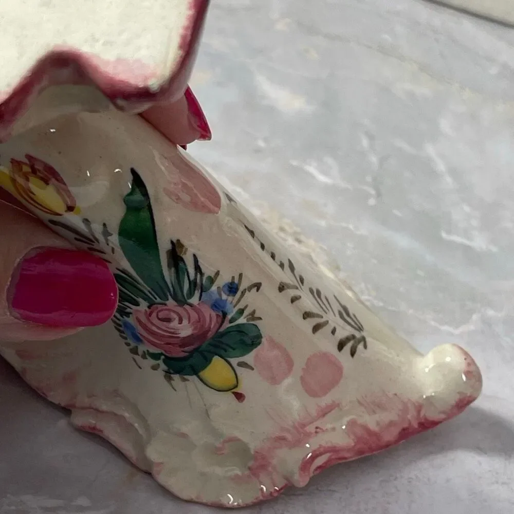 Vintage Italian ceramic cornucopia vase applied flowers hand painted.